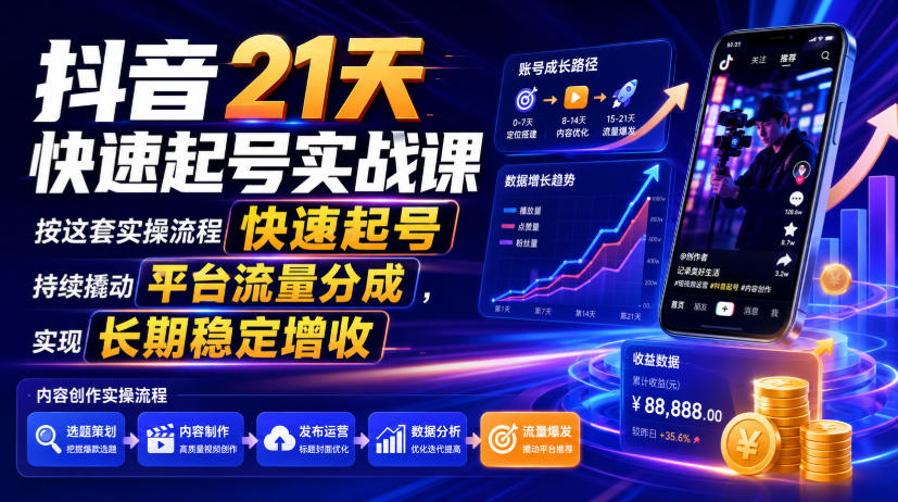 抖音21天快速起号实战课,按这套实操流程快速起号,持续撬动平台流量分成,实现长期稳定增收-齐力副业