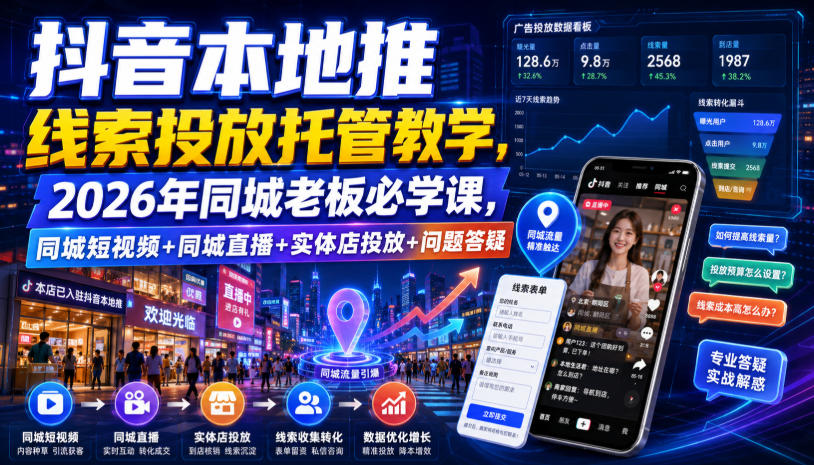 抖音本地推线索投放托管教学,2026年同城老板必学课,同城短视频+同城直播+实体店投放+问题答疑-齐力副业