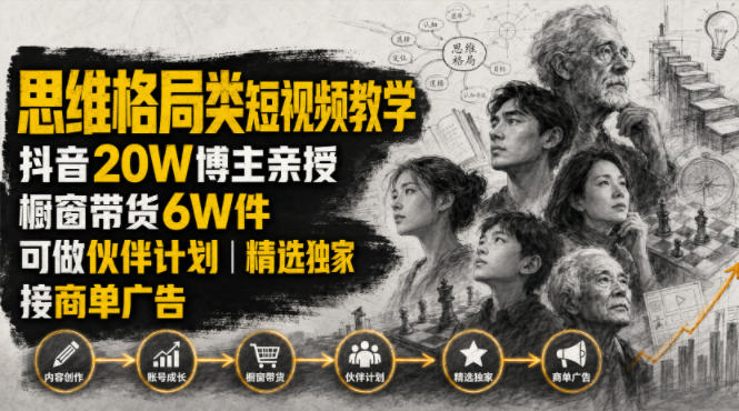 人性思维格局类短视频教学,抖音20W博主亲授,橱窗带货6W件,可做伙伴计划、精选独家、接商单广告-齐力副业