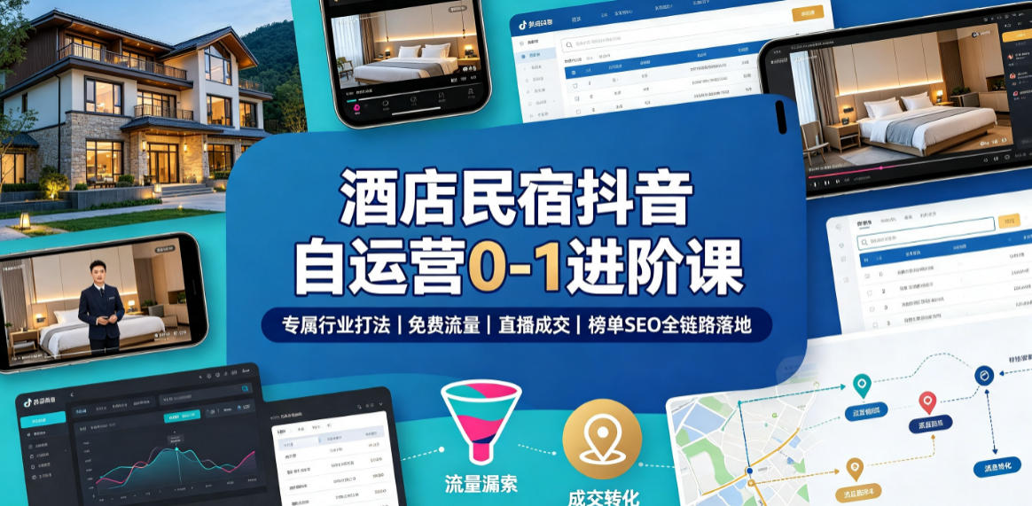 酒店民宿抖音自运营0-1进阶课|专属行业打法、免费流量+直播成交+榜单SEO全链路落地-齐力副业