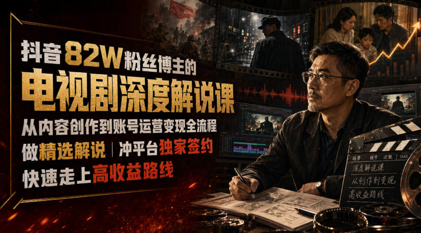 抖音82W粉丝博主的电视剧深度解说课，从内容创作到账号运营变现全流程，做精选解说，冲平台独家签约，快速走上高收益路线-齐力副业