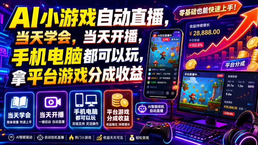 AI小游戏自动直播,当天学会,当天开播,手机电脑都可以玩,拿平台游戏分成收益-齐力副业