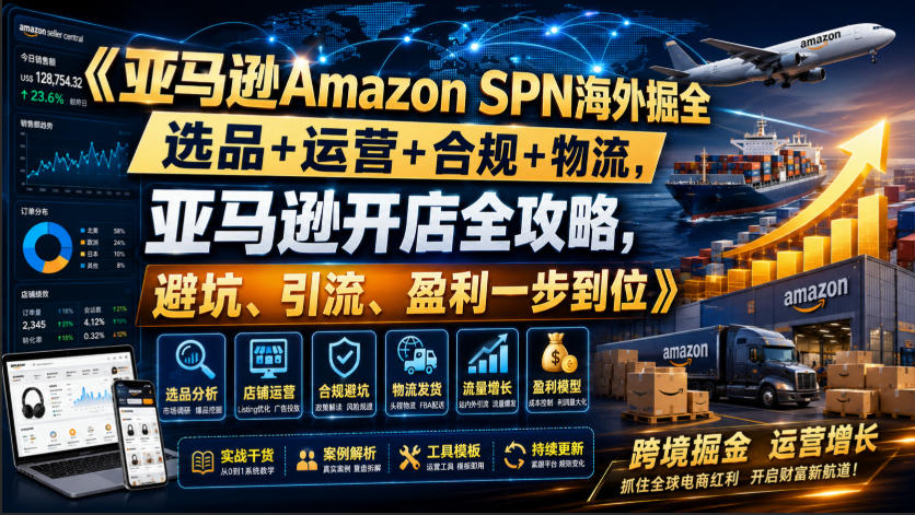 亚马逊Amazon SPN海外掘全,选品+运营+合规+物流,亚马逊开店全攻略,避坑、引流、盈利一步到位-齐力副业