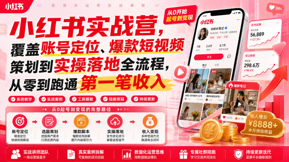 小红书实战营，覆盖账号定位、爆款短视频策划到实操落地全流程，从零到跑通第一笔收入-齐力副业