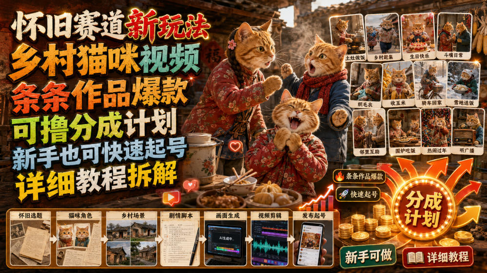 怀旧赛道新玩法,乡村猫咪视频,条条作品爆款,可撸分成计划,新手也可快速起号,详细教程拆解-齐力副业