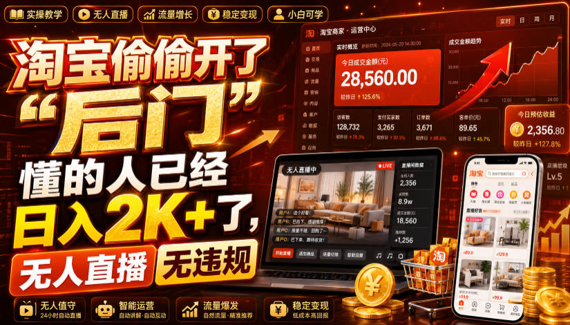 淘宝偷偷开了“后门”，懂的人已经日入2K+了，无人直播无违规，一台电脑=一家24小时营业的线上门店【揭秘】-齐力副业