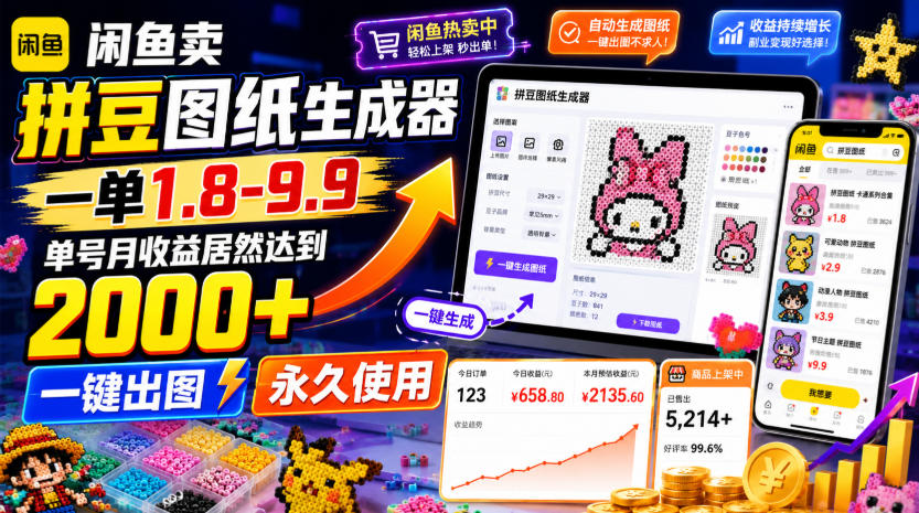 闲鱼卖拼豆图纸生成器，一单1.8-9.9，单号月收益居然达到2000+一键出图永久使用-齐力副业