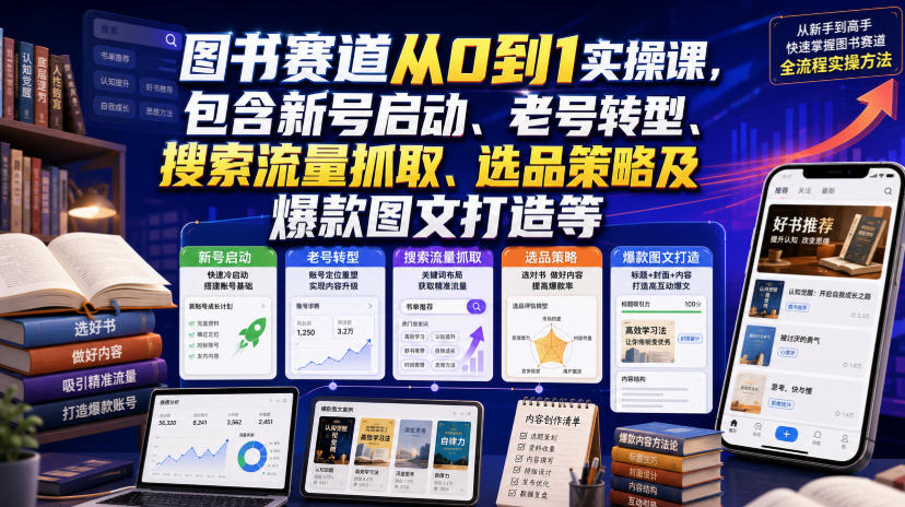 图书赛道从0到1实操课,包含新号启动、老号转型、搜索流量抓取、选品策略及爆款图文打造等-齐力副业