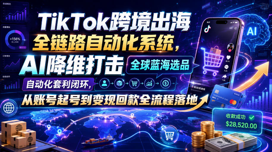 TikTok跨境出海全链路自动化系统,AI降维打击全球蓝海选品自动化套利闭环,从账号起号到变现回款全流程落地(2026年7月)-齐力副业