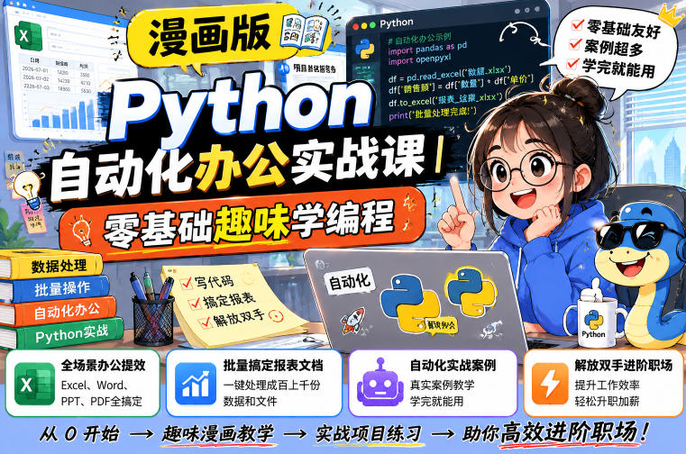 漫画版Python自动化办公实战课|零基础趣味学编程,全场景办公提效、批量搞定报表文档、解放双手进阶职场-齐力副业