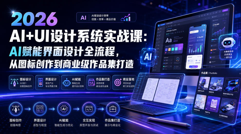 2026 AI+UI设计系统实战课:AI赋能界面设计全流程,从图标创作到商业级作品集打造-齐力副业