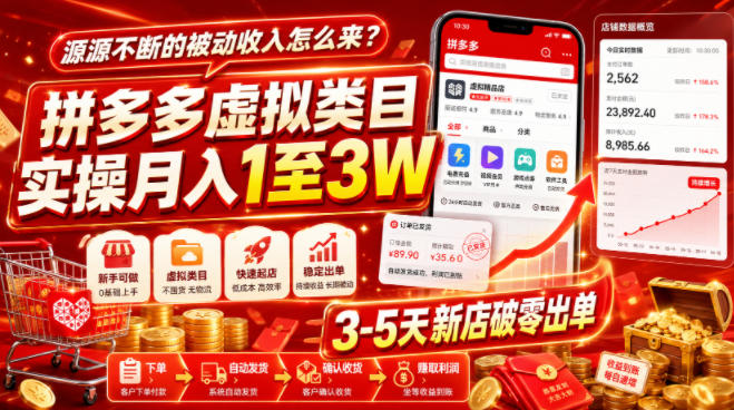 源源不断的被动收入怎么来?拼多多虚拟类目实操月入1至3W,3-5天新店破零出单-齐力副业