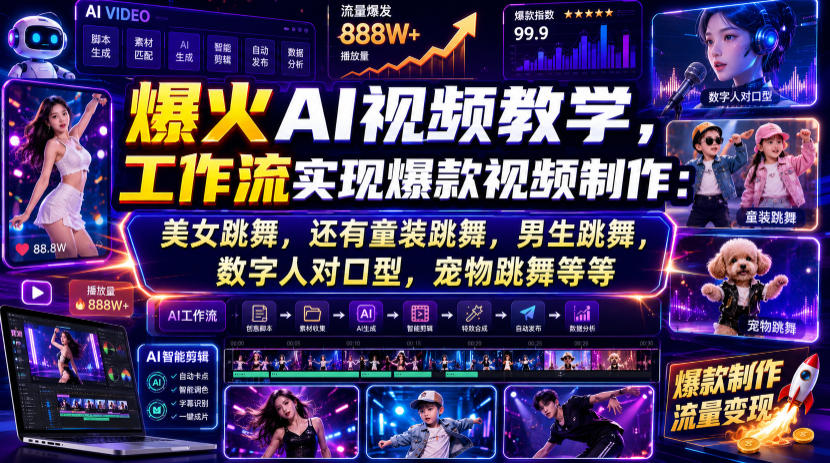 爆火AI视频教学,工作流实现爆款视频制作:美女跳舞,还有童装跳舞,男生跳舞,数字人对口型,宠物跳舞等等-齐力副业