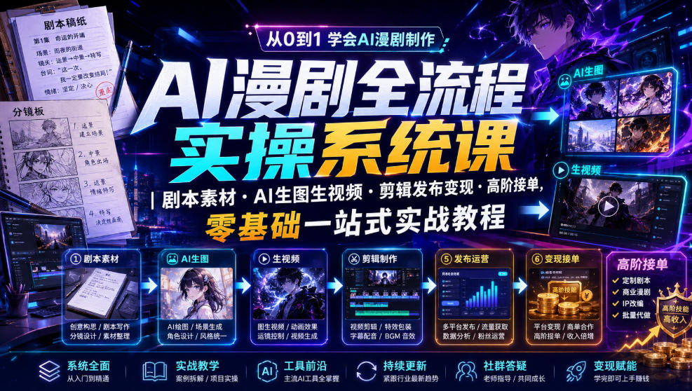AI漫剧全流程实操系统课|剧本素材・AI生图生视频・剪辑发布变现・高阶接单,零基础一站式实战教程-齐力副业