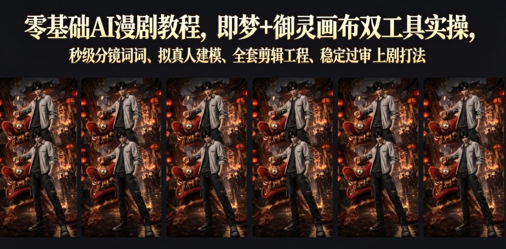 零基础AI漫剧教程,即梦+御灵画布双工具实操,秒级分镜提示词、拟真人建模、全套剪辑工程、稳定过审上剧打法-齐力副业
