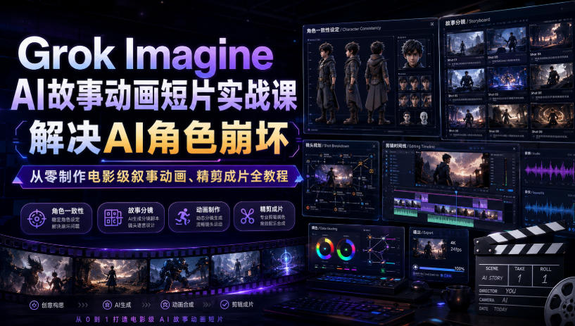 Grok Imagine AI故事动画短片实战课｜解决AI角色崩坏，从零制作电影级叙事动画、精剪成片全教程（中英字幕）-齐力副业