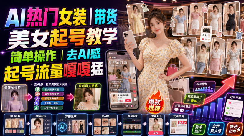AI热门女装带货丨美女起号教学,简单操作,去AI感,起号流量嘎嘎猛-齐力副业