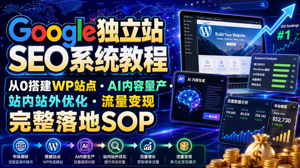 Google独立站SEO系统教程,从0搭建WP站点・AI内容量产・站内站外优化・流量变现完整落地SOP(2026年7月)-齐力副业
