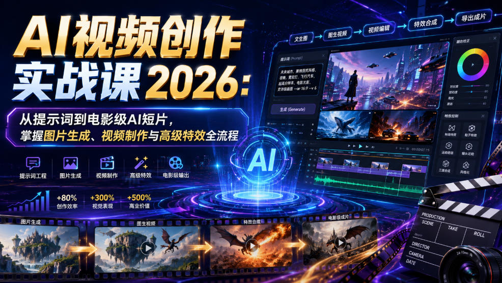 AI视频创作实战课2026:从提示词到电影级AI短片,掌握图片生成、视频制作与高级特效全流程-齐力副业