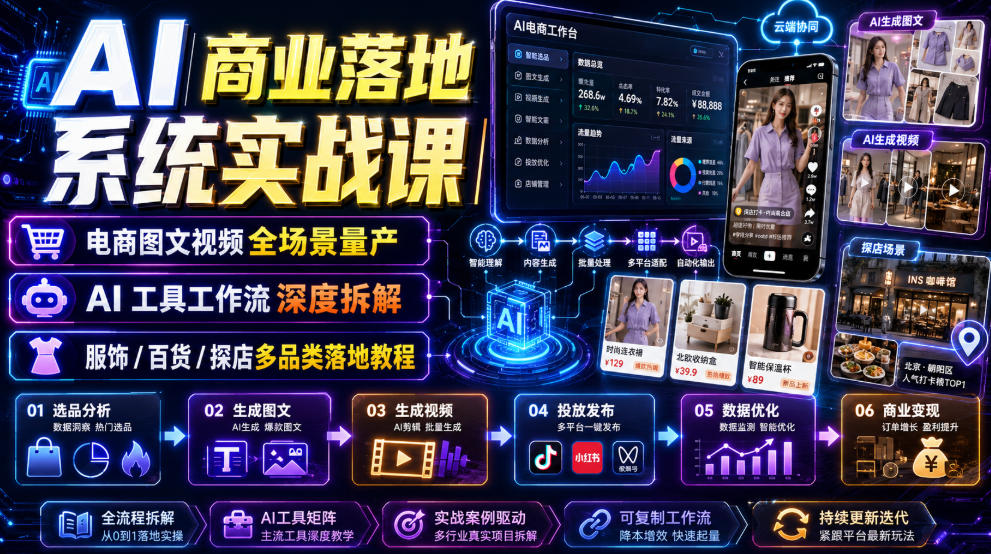 AI商业落地系统实战课｜电商图文视频全场景量产・AI工具工作流深度拆解・服饰/百货/探店多品类落地教程-齐力副业