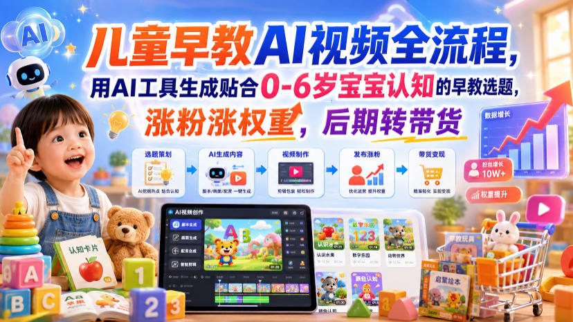 儿童早教AI视频全流程，用AI工具生成贴合0-6岁宝宝认知的早教选题，涨粉涨权重，后期转带货-齐力副业