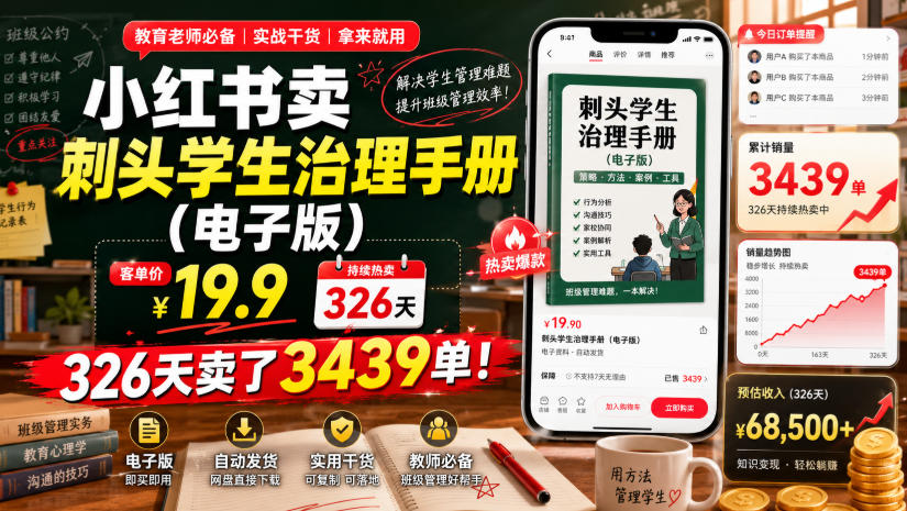 小红书卖刺头学生治理手册(电子版),客单价19.9,326天卖了3439单!-齐力副业