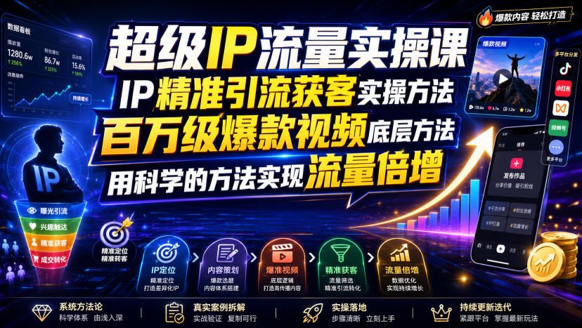超级IP流量实操课,IP精准引流获客实操方法,百万级爆款视频底层方法,用科学的方法实现流量倍增-齐力副业