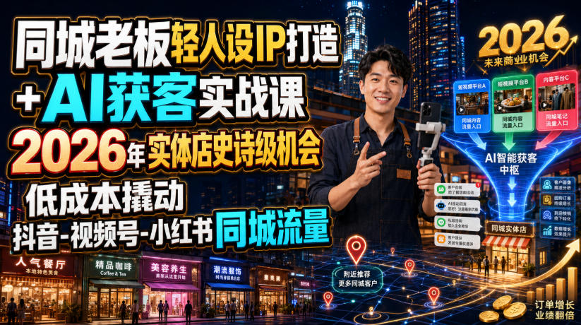 同城老板轻人设IP打造+AI获客实战课，2026年实体店史诗级机会，低成本撬动抖音-视频号-小红书同城流量-齐力副业