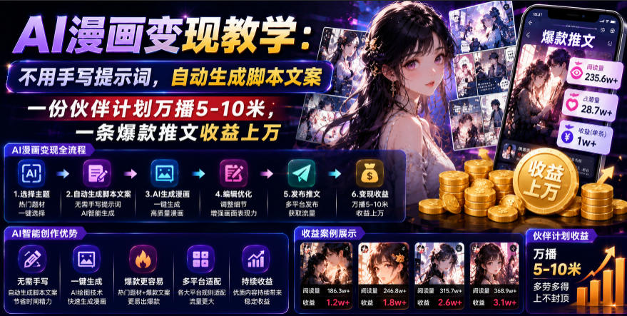 AI漫画变现教学:不用手写提示词,自动生成脚本文案,一份伙伴计划万播5-10米,一条爆款推文收益上W-齐力副业