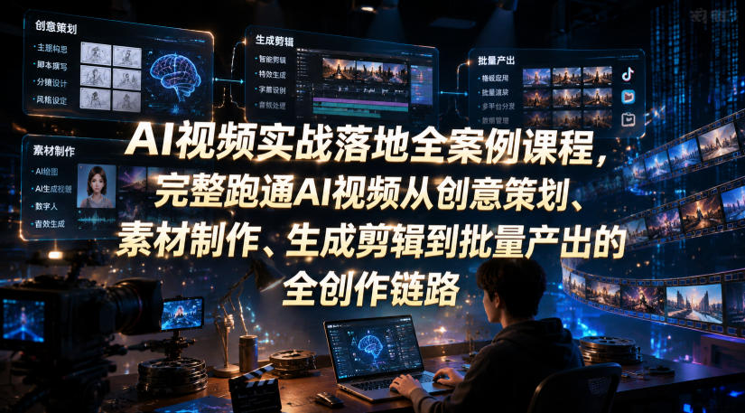 AI视频实战落地全案例课程,完整跑通AI视频从创意策划、素材制作、生成剪辑到批量产出的全创作链路-齐力副业