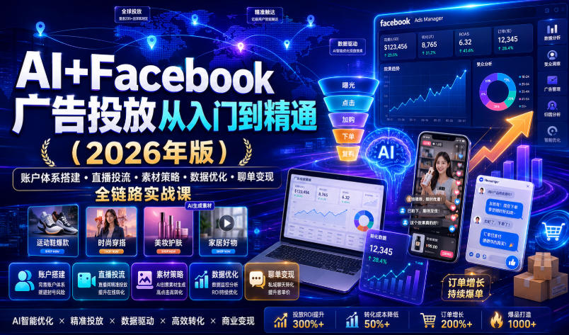 AI+Facebook广告投放从入门到精通(2026年版)|账户体系搭建・直播投流・素材策略・数据优化・聊单变现全链路实战课-齐力副业