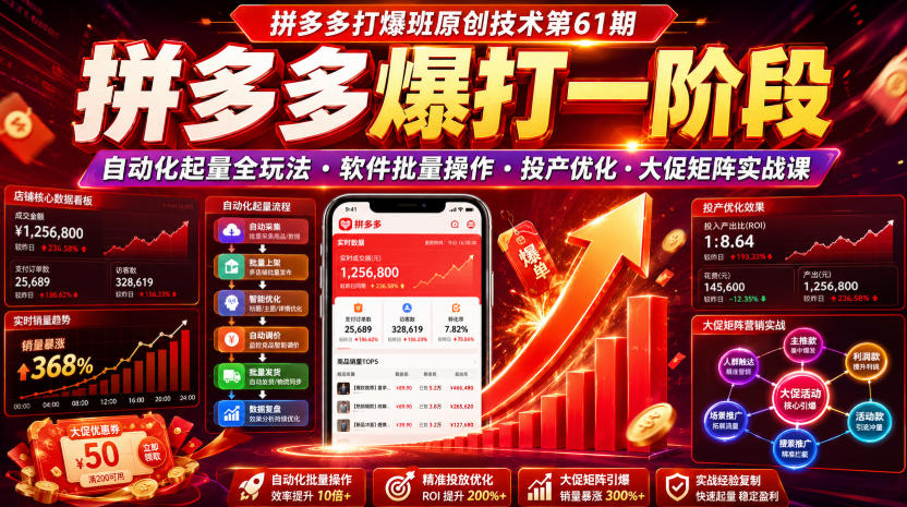 拼多多打爆班原创技术第61期,拼多多爆打一阶段,自动化起量全玩法・软件批量操作・投产优化・大促矩阵实战课-齐力副业