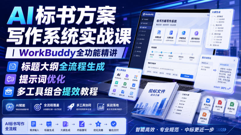 AI标书方案写作系统实战课｜WorkBuddy全功能精讲・标题大纲全流程生成・提示词优化・多工具组合提效教程-齐力副业