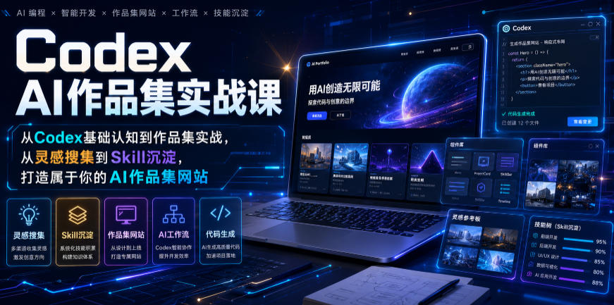 Codex AI作品集实战课，从Codex基础认知到作品集实战，从灵感搜集到Skill沉淀，打造属于你的AI作品集网站-齐力副业