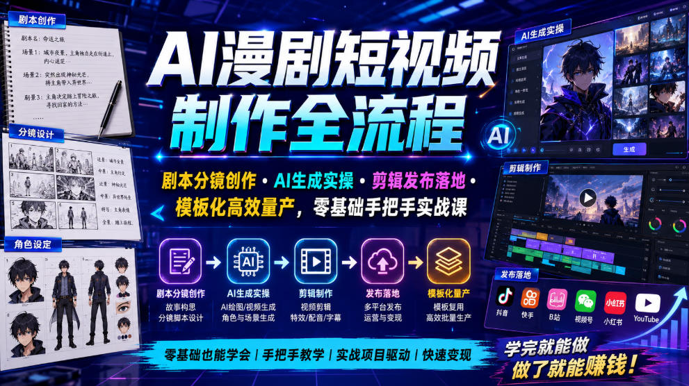 AI漫剧短视频制作全流程|剧本分镜创作・AI生成实操・剪辑发布落地・模板化高效量产,零基础手把手实战课-齐力副业