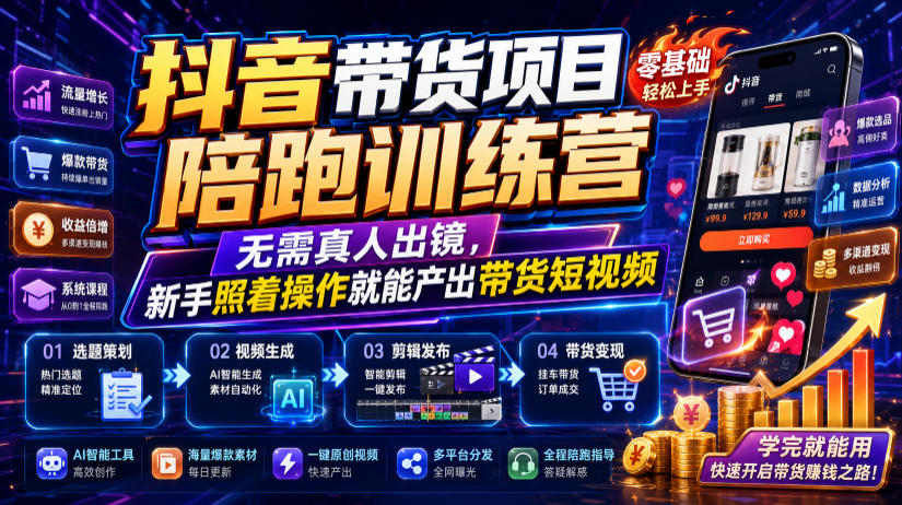 抖音带货项目陪跑训练营,无需真人出镜,新手照着操作就能产出带货短视频-齐力副业