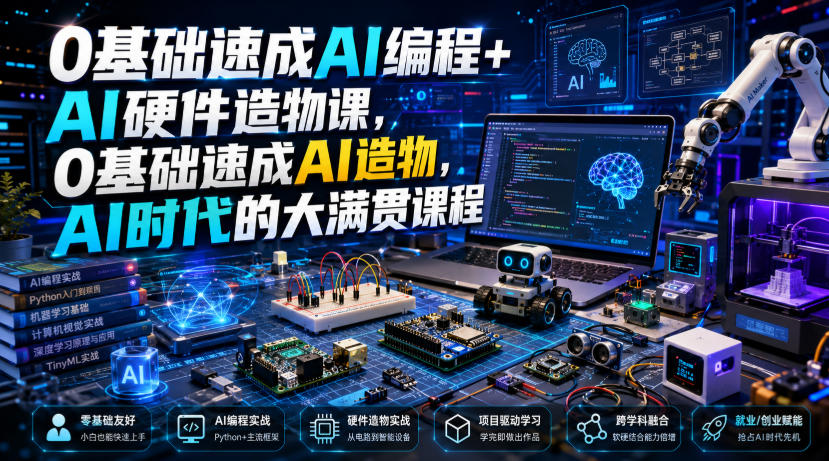 0基础速成AI编程+AI硬件造物课,0基础速成AI造物,AI时代的大满贯课程-齐力副业