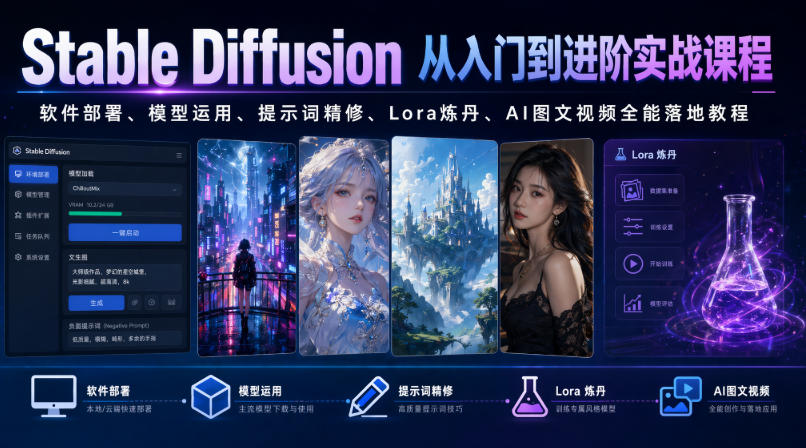 Stable Diffusion从入门到进阶实战课程|软件部署、模型运用、提示词精修、Lora炼丹、AI图文视频全能落地教程-齐力副业