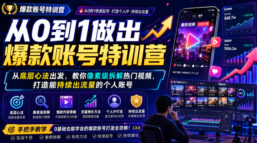 从0到1做出爆款账号特训营,从底层心法出发,教你像素级拆解热门视频,打造能持续出流量的个人账号-齐力副业