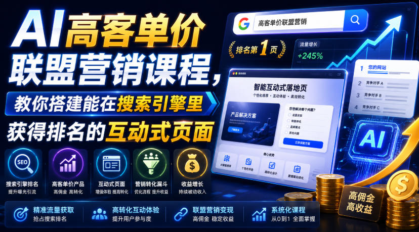 AI高客单价联盟营销课程,教你搭建能在搜索引擎里获得排名的互动式页面,引来流量,把访客转化为高佣金的成交【原创双语字幕】-齐力副业