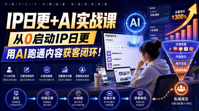IP日更+AI实战课,从0启动IP日更,IP置顶视频制作+100条选题库搭建+10条日更规划,用AI跑通内容获客闭环!-齐力副业