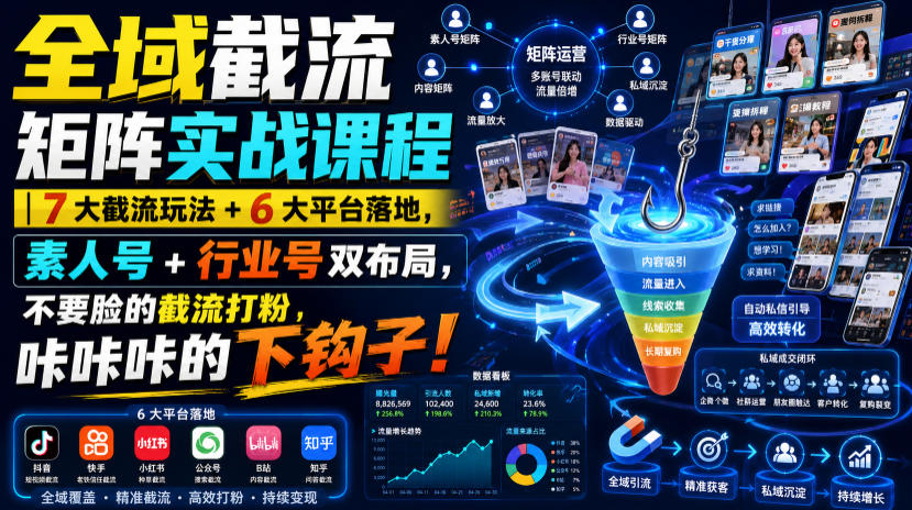 全域截流矩阵实战课程|7大截流玩法+6大平台落地,素人号+行业号双布局,不要脸的截流打粉,咔咔咔的下钩子!-齐力副业