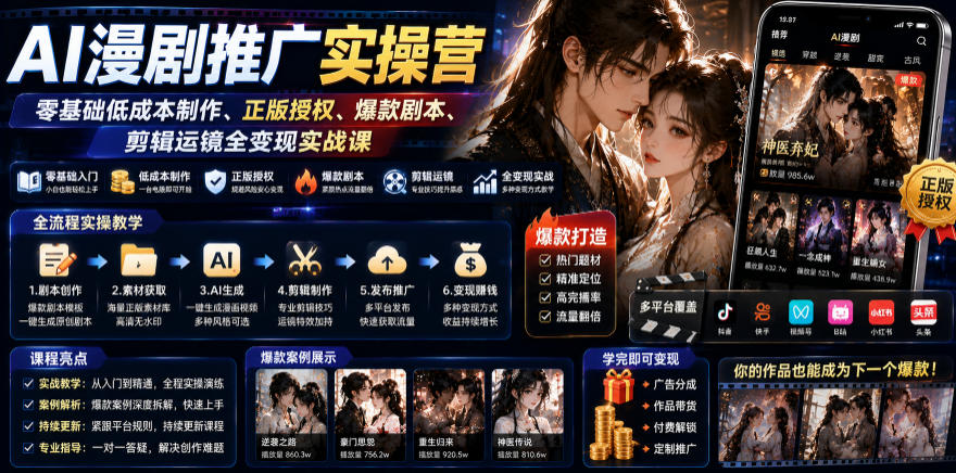 AI漫剧推广实操营|零基础低成本制作、正版授权、爆款剧本、剪辑运镜全变现实战课-齐力副业