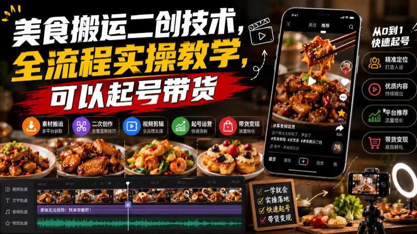 美食搬运二创技术，全流程实操教学，可以起号带货-齐力副业