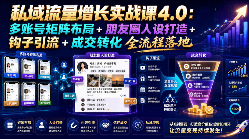 私域流量增长实战课4.0：多账号矩阵布局+朋友圈人设打造+钩子引流+成交转化全流程落地-齐力副业
