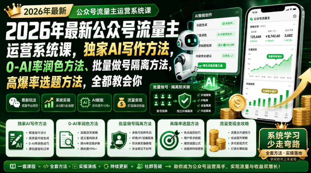 2026年最新公众号流量主运营系统课,独家AI写作方法,0-AI率润色方法、批量做号隔离方法、高爆率选题方法,全都教会你-齐力副业