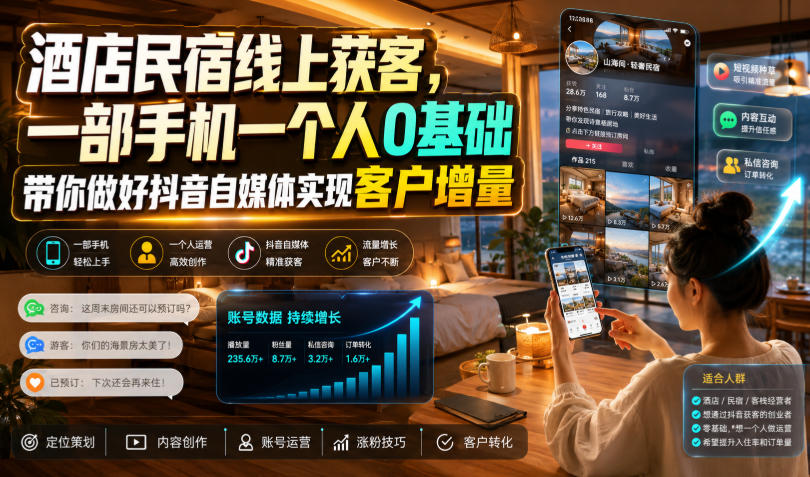 酒店民宿线上获客,一部手机一个人0基础带你做好抖音自媒体实现客户增量-齐力副业