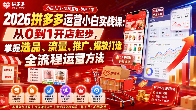2026拼多多运营小白实战课：从0到1开店起步，掌握选品、流量、推广、爆款打造全流程运营方法-齐力副业