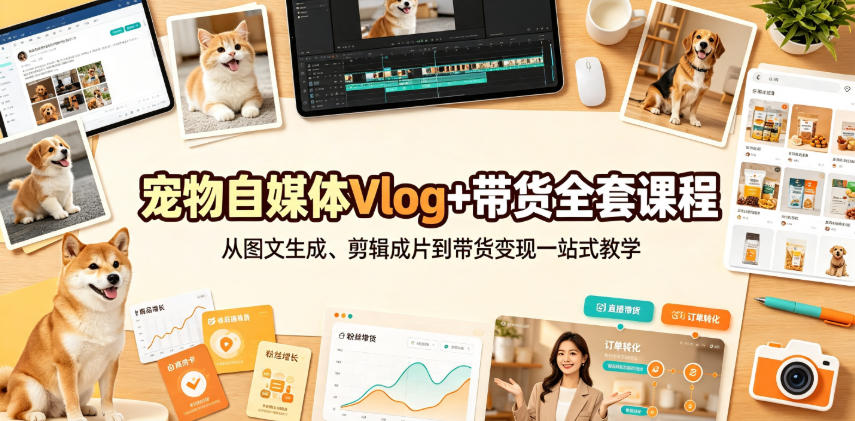 宠物自媒体Vlog+带货全套课程|从图文生成、剪辑成片到带货变现一站式教学-齐力副业