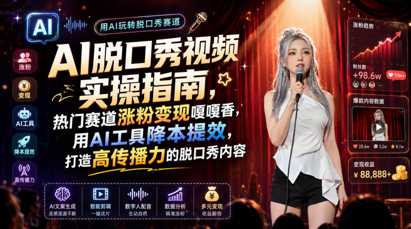 AI脱口秀视频实操指南，热门赛道涨粉变现嘎嘎香，用AI工具降本提效，打造高传播力的脱口秀内容-齐力副业